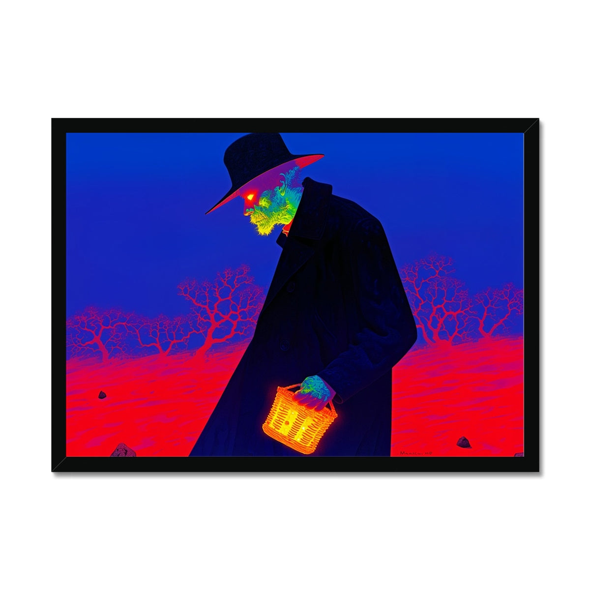 The Fire-Basket Wanderer – Neon Cyberpunk Art – Framed Print by Soulkeeper2099