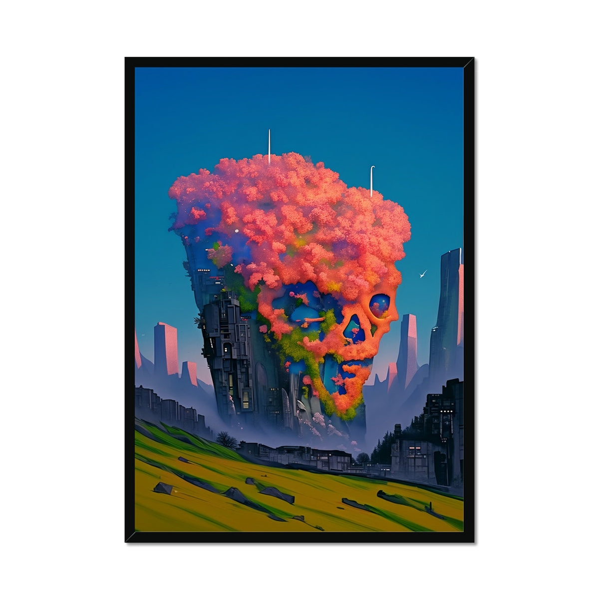 Floral Skull Over the Ruined City – Neon Cyberpunk Art – Framed Print by Soulkeeper2099