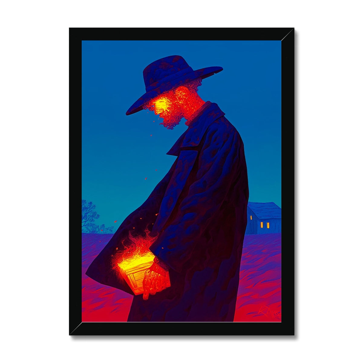 The Fire Box Under the Coat – Surreal Portrait Print – Framed Print by Soulkeeper2099