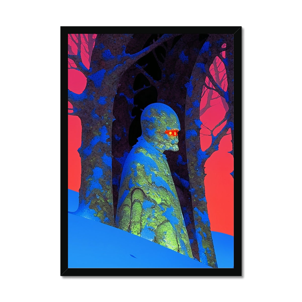 Snow-Slope Stone Sentinel – Neon Cyberpunk Art – Framed Print by Soulkeeper2099