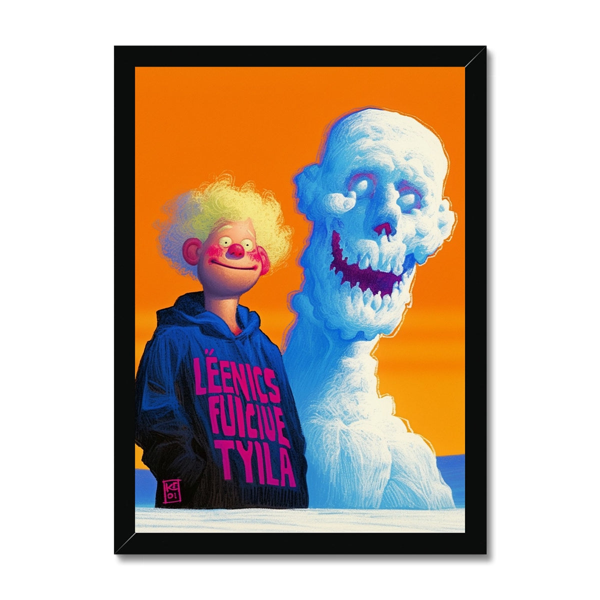 Snow Buddy at Dusk – Dark Art Print – Framed Print by Soulkeeper2099