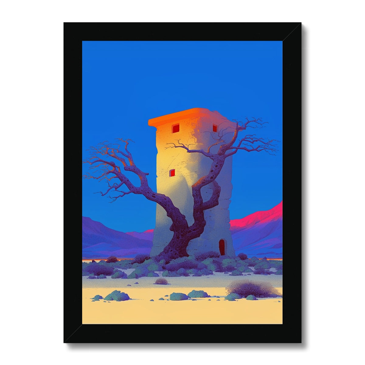 The Twisted Tree Beside the Lone Tower – Dark Art – Framed Print by Soulkeeper2099