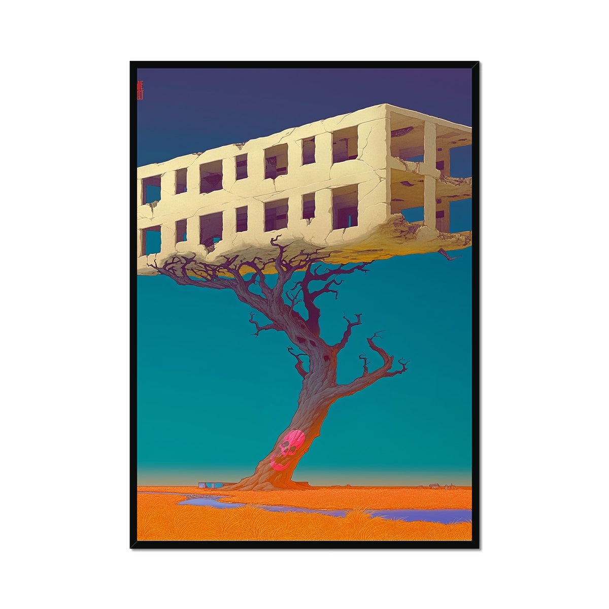 Tree That Carries Ruins – Neon Cyberpunk Art – Framed Print by Soulkeeper2099