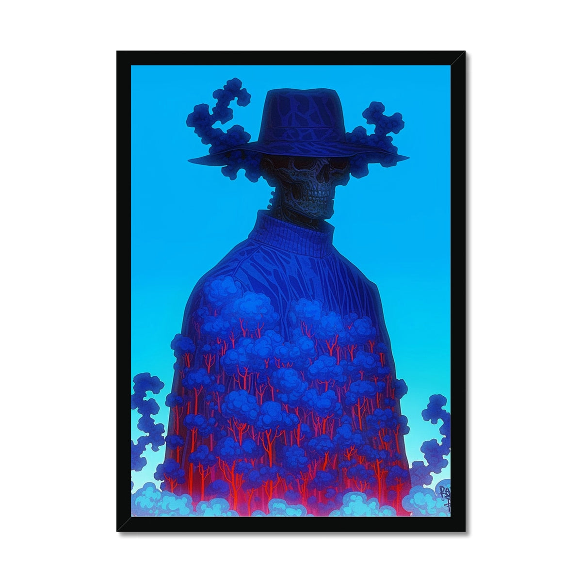 The Hat-Wearing Skull in a Forest Coat – Neon Cyberpunk Art – Framed Print by Soulkeeper2099