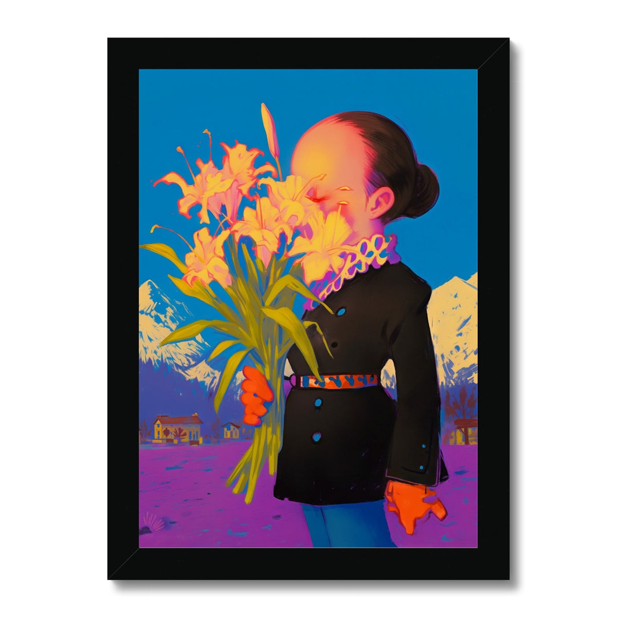 Face Hidden by Lilies – Neon Surrealism – Framed Print by Soulkeeper2099