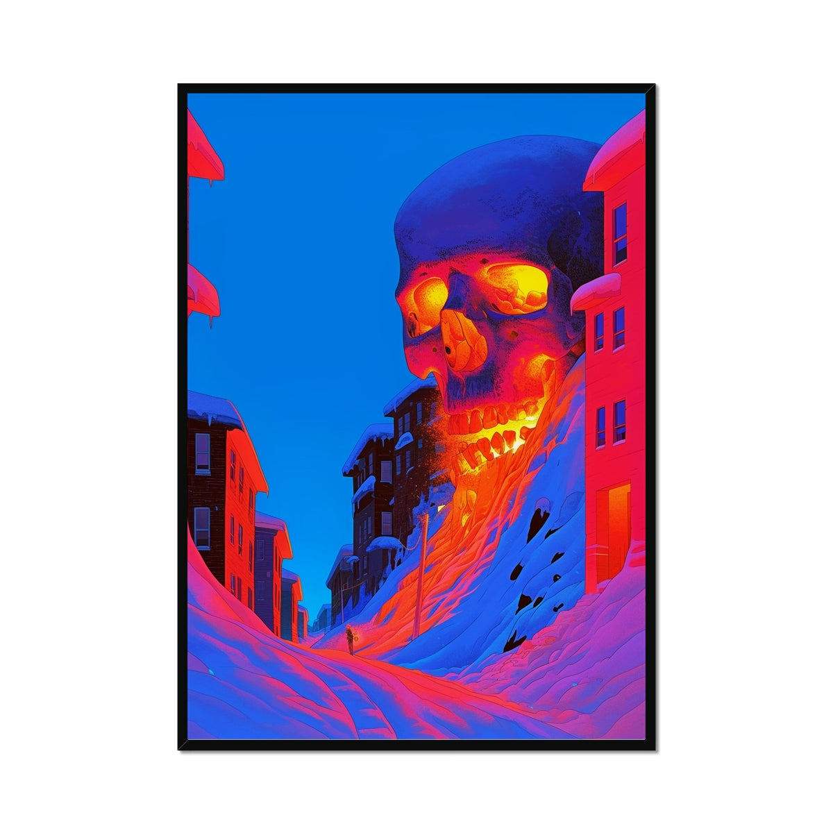 Skull Gorge at the End of the Hill – Neon Cyberpunk Art – Framed Print by Soulkeeper2099