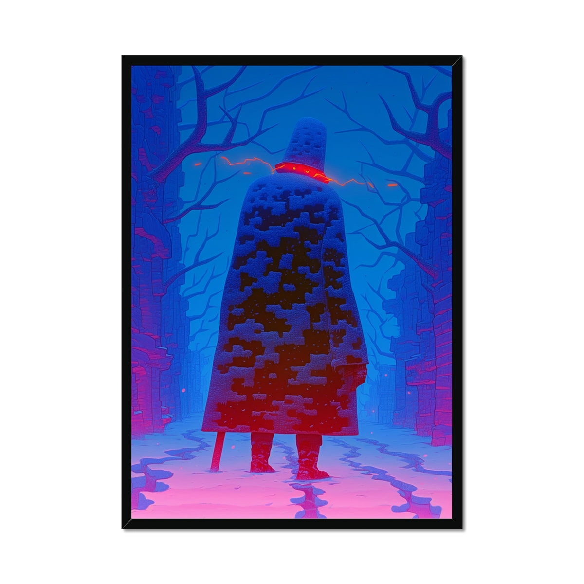 Rift Warden, Back View – Neon Cyberpunk Art – Framed Print by Soulkeeper2099