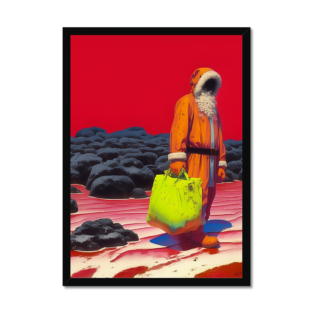 Faceless Santa with Neon Bag – Dark Art Print – Framed Print by Soulkeeper2099