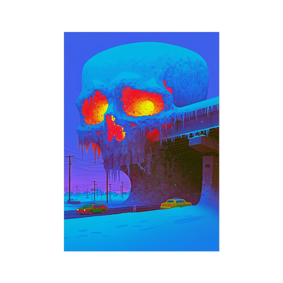 Frozen Overpass Skull – Neon Cyberpunk Art – Hahnemühle Photo Rag Print by Soulkeeper2099