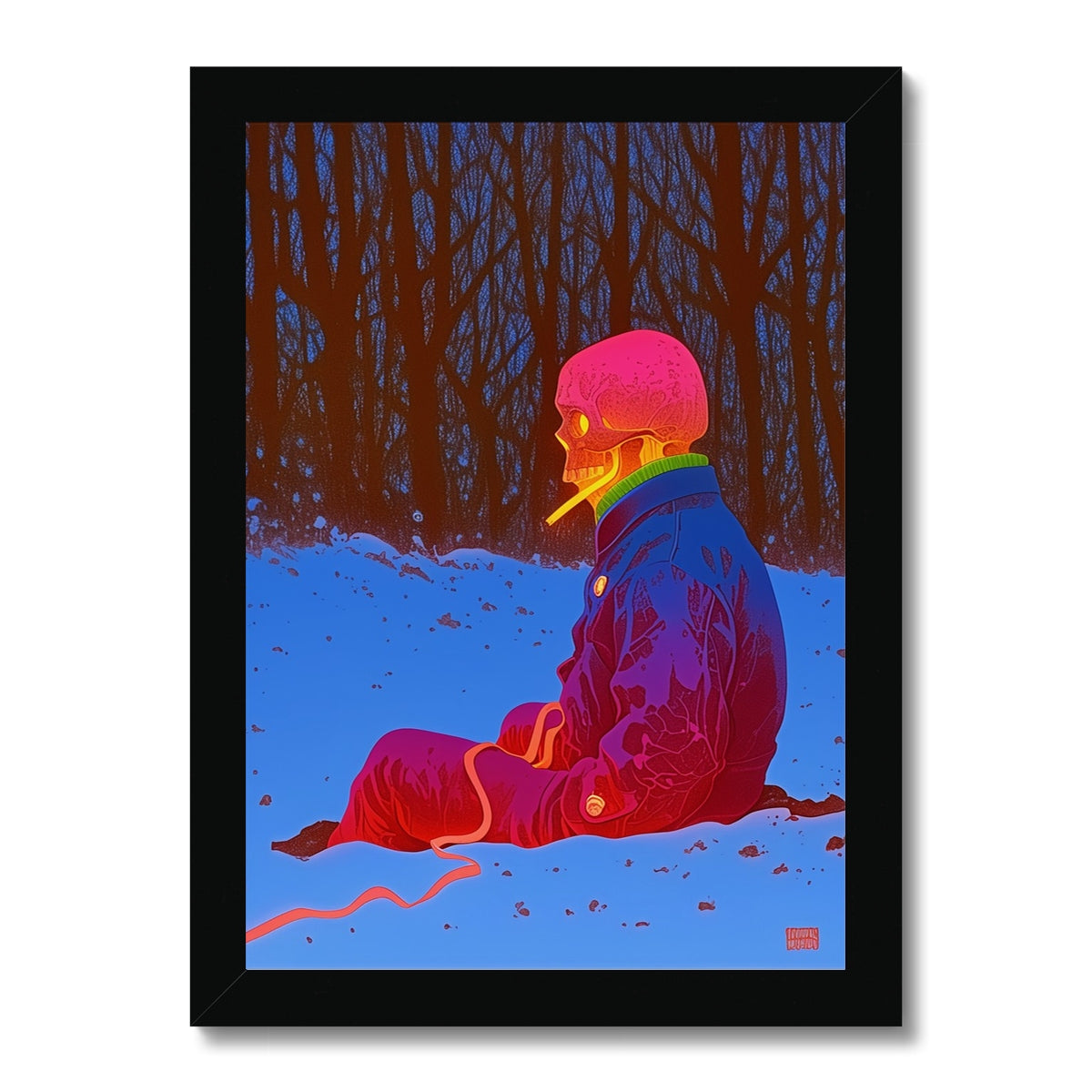 Neon Bones in the Winter Woods – Dark Art Print – Framed Print by Soulkeeper2099