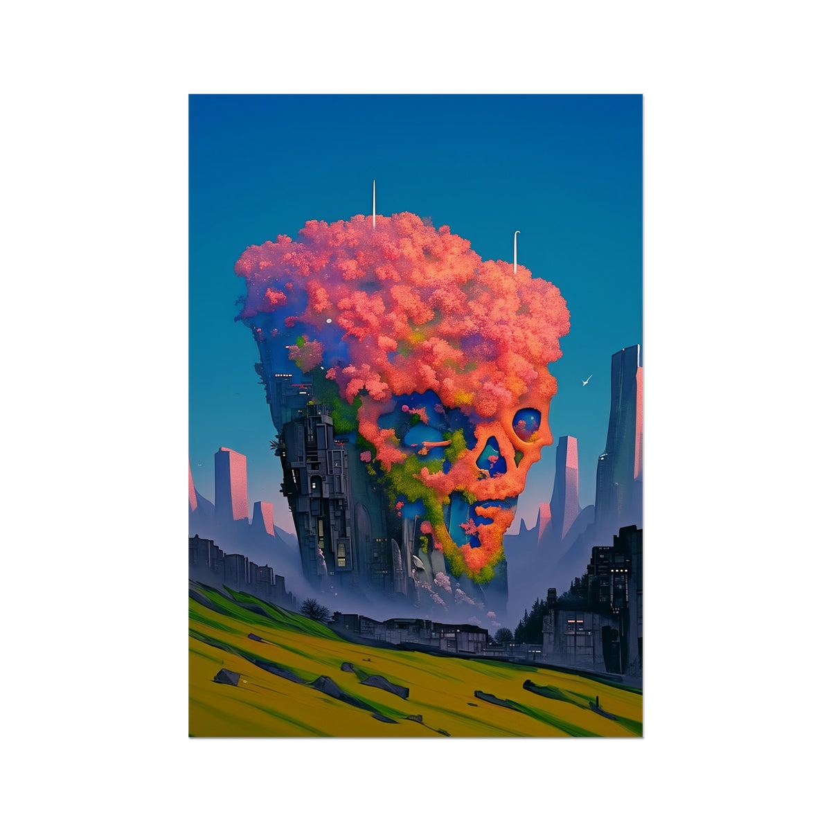 Floral Skull Over the Ruined City – Neon Cyberpunk Art – Hahnemühle Photo Rag Print by Soulkeeper2099