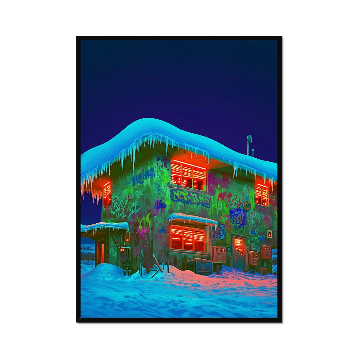 Neon Snow Safehouse – Dark Art – Framed Print by Soulkeeper2099