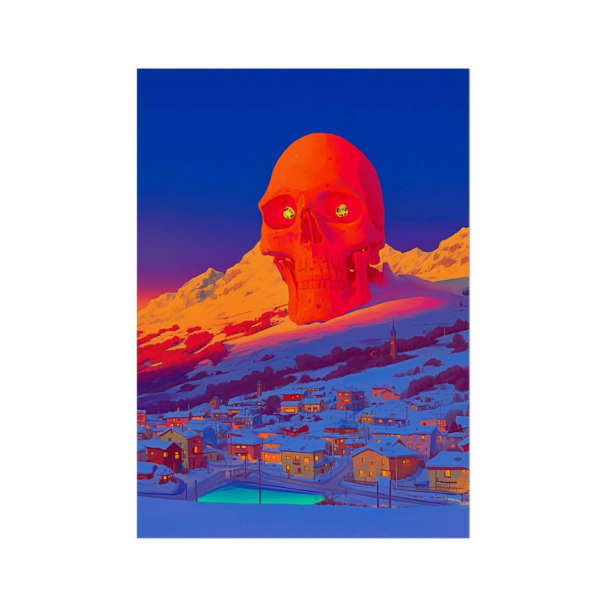 Skull Rising Over the Snow Town – Neon Cyberpunk Art – Hahnemühle Photo Rag Print by Soulkeeper2099
