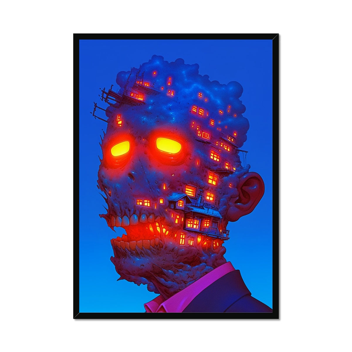 Skull of a Living Settlement – Neon Cyberpunk Art – Framed Print by Soulkeeper2099