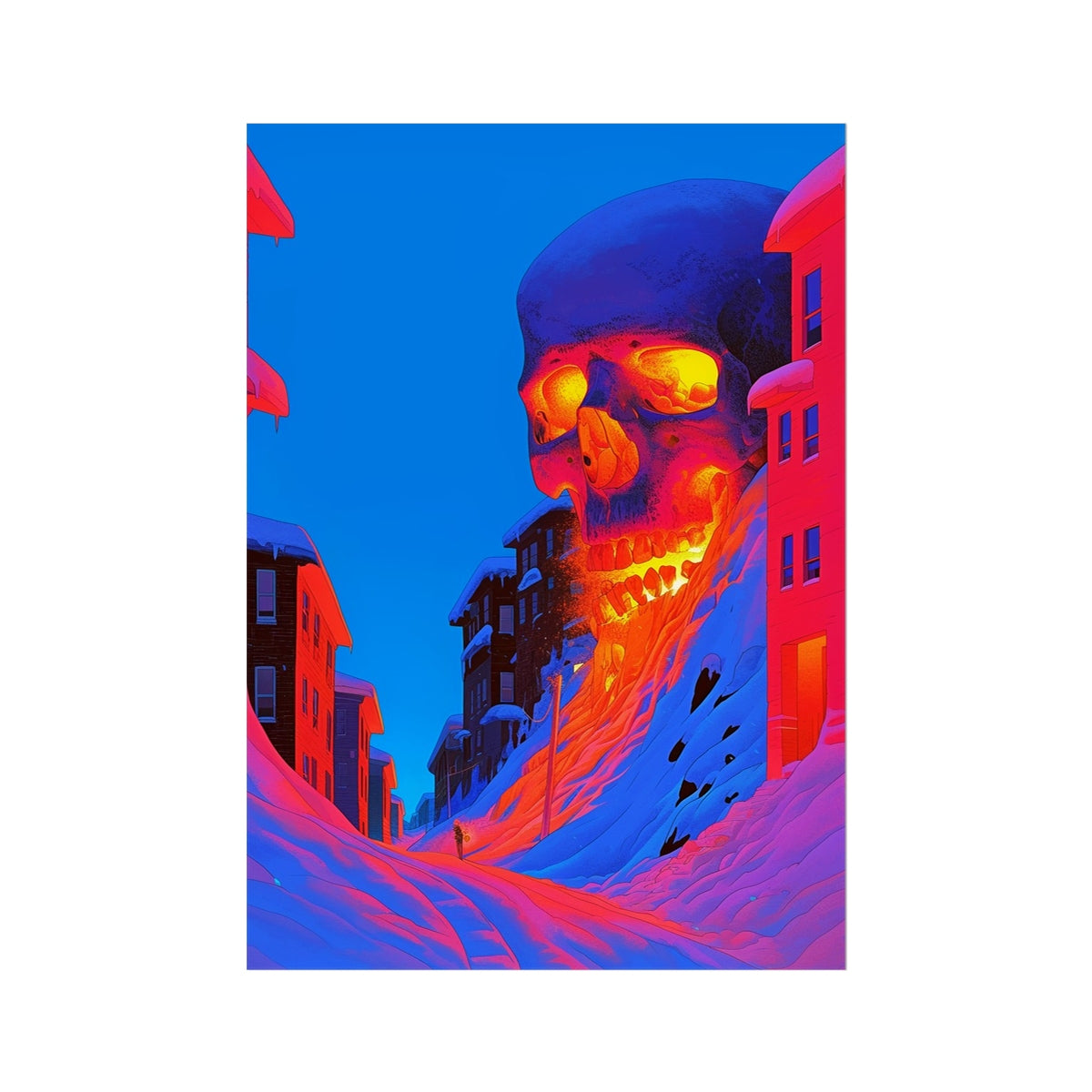 Skull Gorge at the End of the Hill – Neon Cyberpunk Art – Hahnemühle Photo Rag Print by Soulkeeper2099