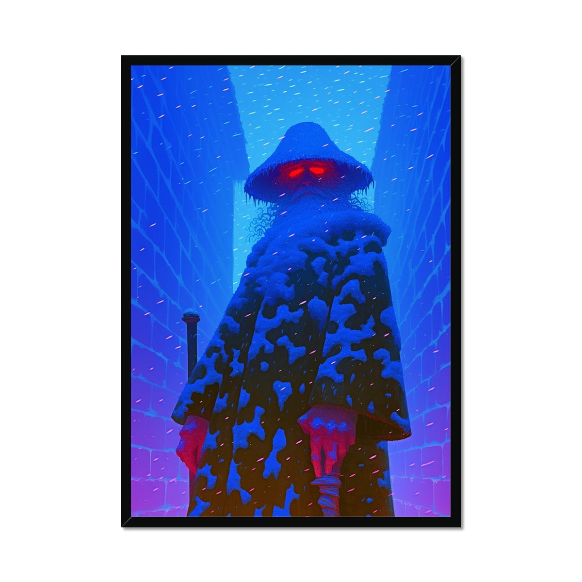 Snow Mantle Sentinel – Neon Cyberpunk Art – Framed Print by Soulkeeper2099