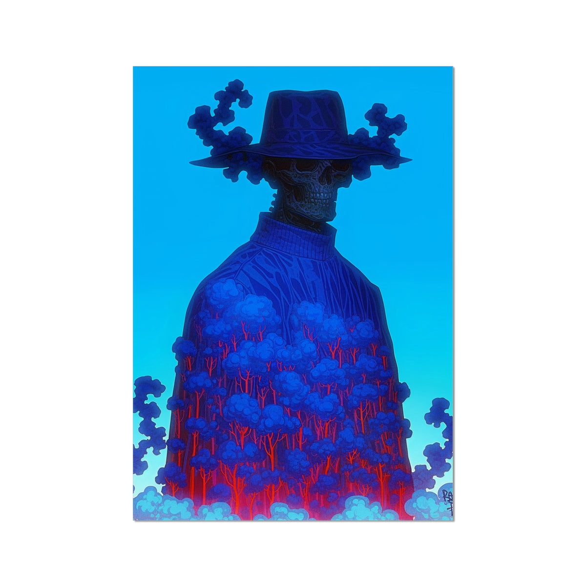 The Hat-Wearing Skull in a Forest Coat – Neon Cyberpunk Art – Hahnemühle Photo Rag Print by Soulkeeper2099