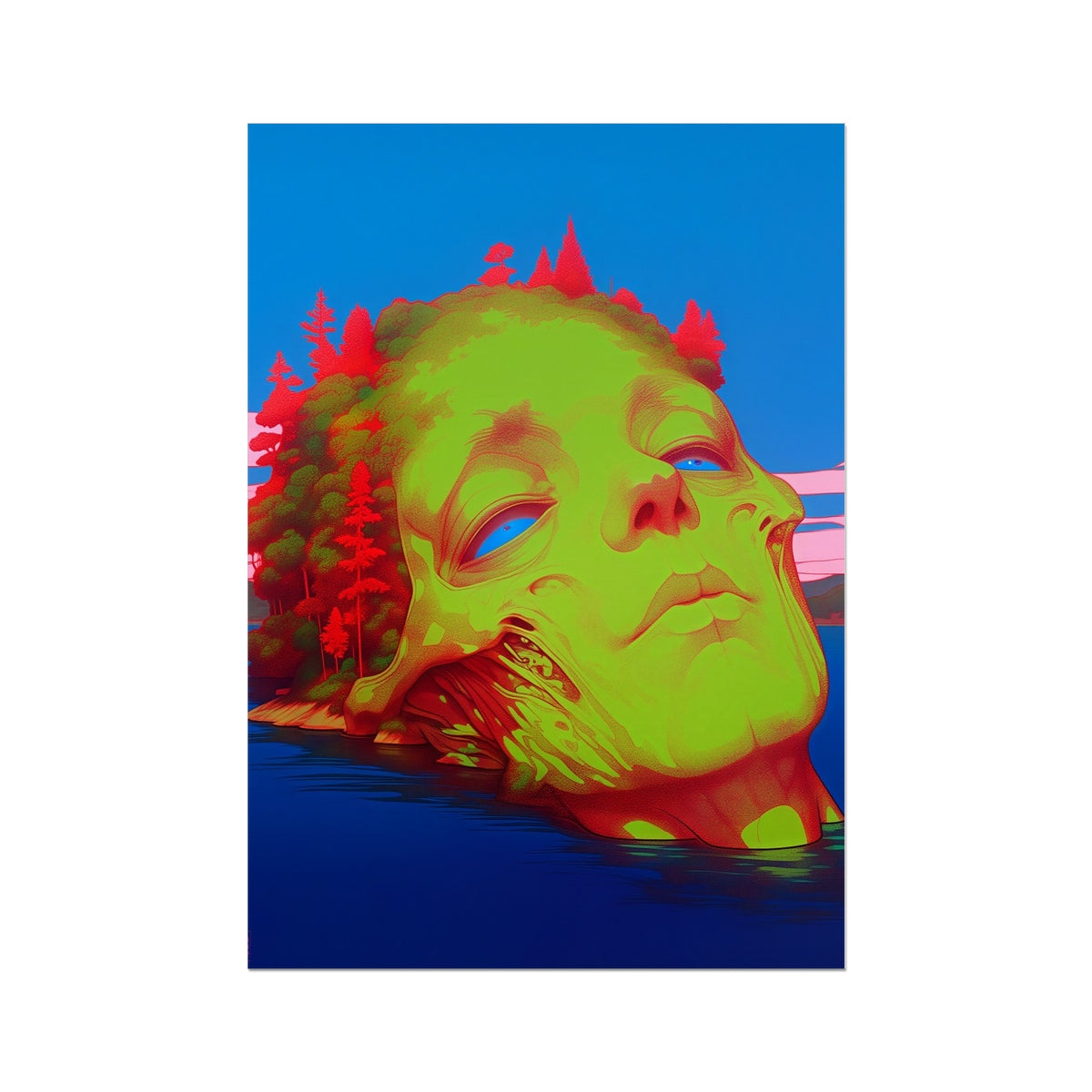 The Island of the Drowned Green Face Hahnemühle Photo Rag Print – Neon Surrealism – Art Print by Soulkeeper2099