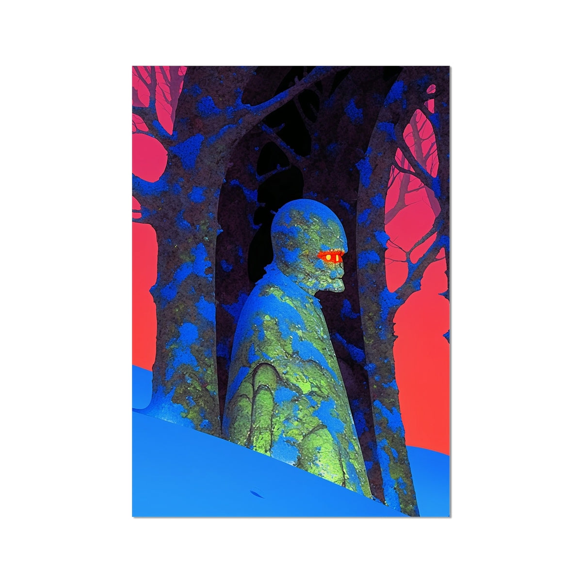 Snow-Slope Stone Sentinel – Neon Cyberpunk Art – Hahnemühle Photo Rag Print by Soulkeeper2099