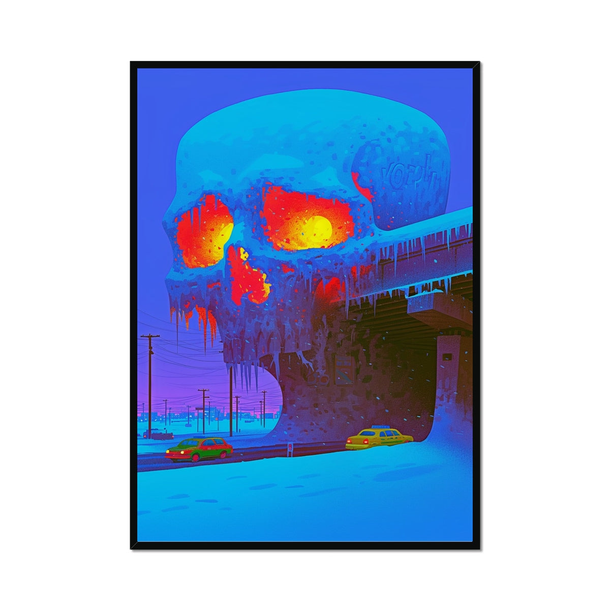 Frozen Overpass Skull – Neon Cyberpunk Art – Framed Print by Soulkeeper2099