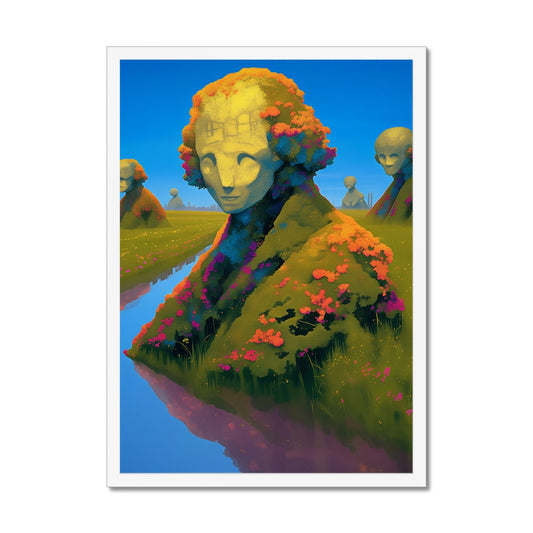 The Bloom-Buried Thinker – Surreal Landscape Art – Framed Print by Soulkeeper2099