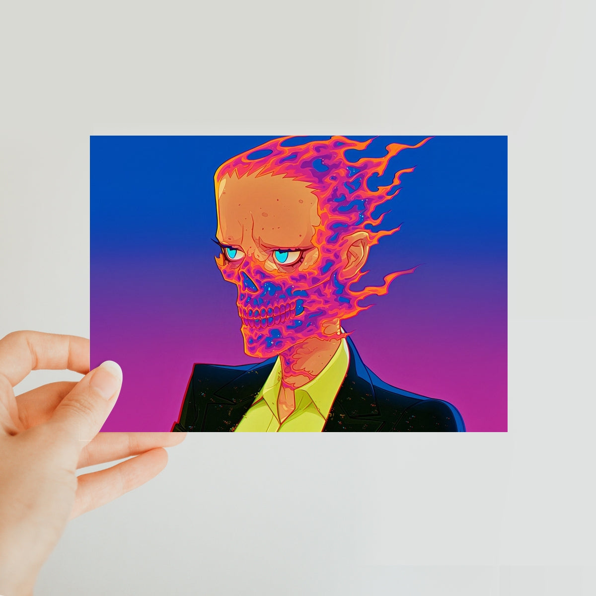 The Burning-Skull Gentleman Classic Postcard – Neon Surrealism – Art Print by Soulkeeper2099
