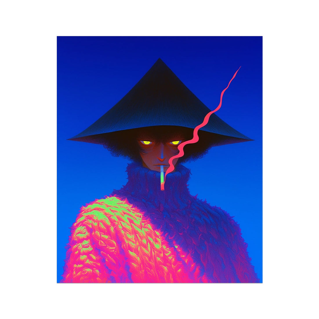 The Neon Smoke Wanderer, mysterious figure in an enormous pointed hat with fluorescent eyes and a ribbon of pink smoke in deep blue shadow, neon surrealism wall art for bars and commercial spaces by Soulkeeper.2099