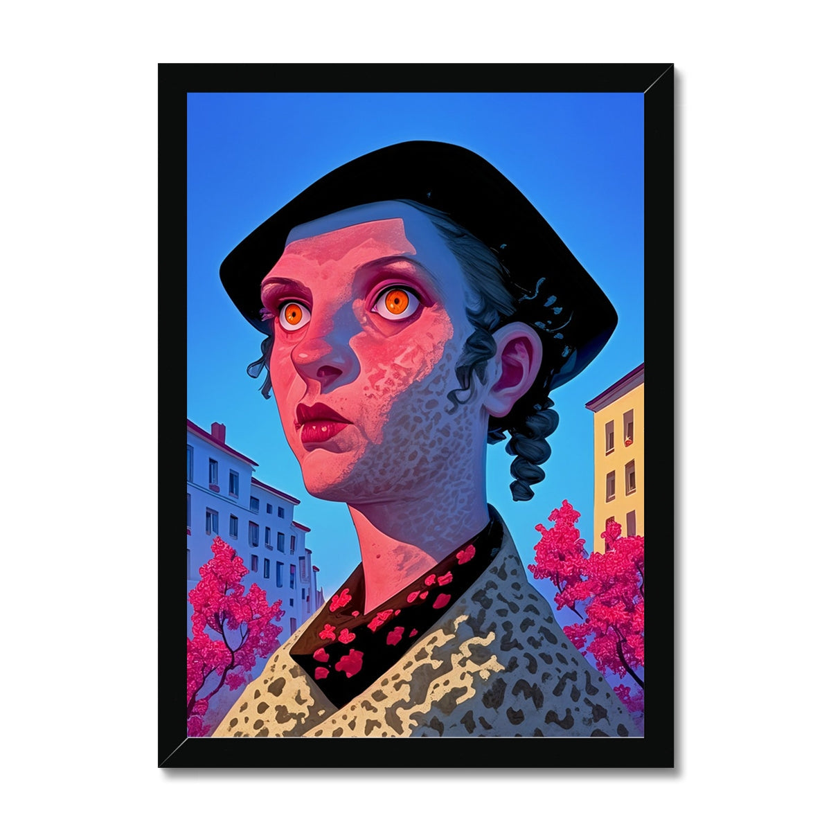 Crimson Gaze framed print — hyper-saturated crimson portrait, fall 2026 oxblood and burgundy wall art by Soulkeeper.2099
