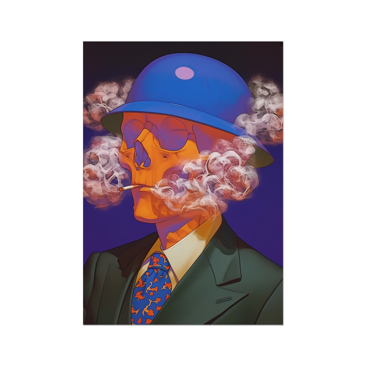 The Blue-Hatted Smoke Skull — cyberpunk realism Hahnemühle Photo Rag print, by Soulkeeper.2099