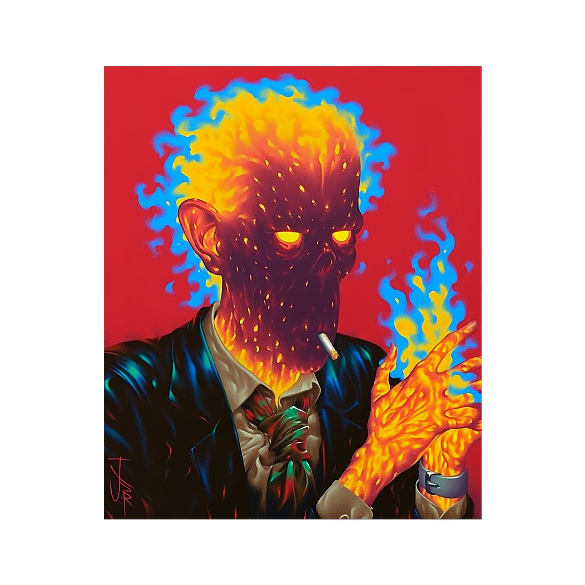 Blue-Flame Addict — 1/1 Vault Edition fiery cyberpunk realism portrait print, by Soulkeeper.2099