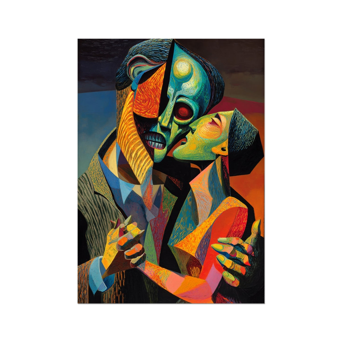 Embrace Beneath the Bone Gaze — gothic-tech limited edition art print of a skeletal embrace, Classics Rewired series, by Soulkeeper.2099
