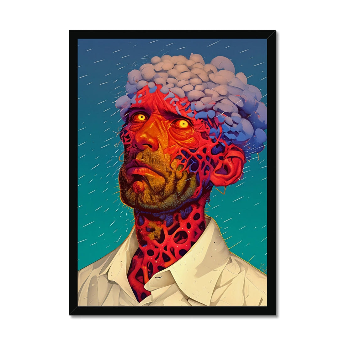 Neural Bloom Framed Print — neon surrealism portrait with a blooming, cloud-like face in coral and teal tones, ideal dorm room wall art, by Soulkeeper.2099