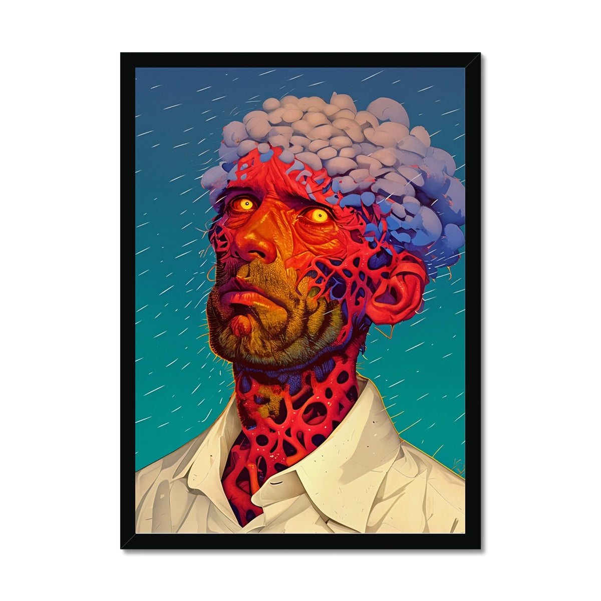 Neural Bloom Framed Print — neon surrealism portrait with a blooming, cloud-like face in coral and teal tones, ideal dorm room wall art, by Soulkeeper.2099