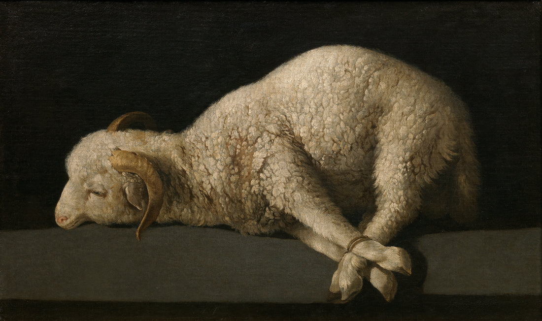 Agnus Dei by Francisco de Zurbarán, a bound white lamb on a grey ledge against a black background, cover image for Soulkeeper Journal's Louvre Zurbarán retrospective commentary