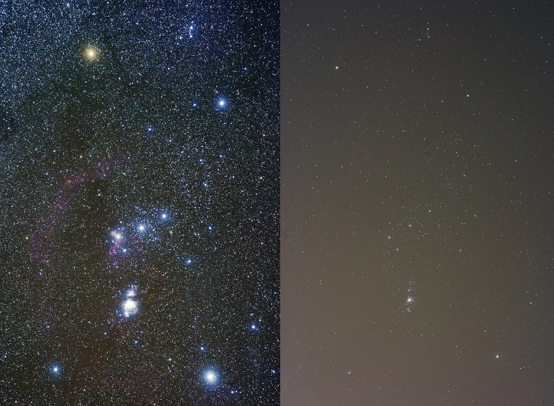 Star-filled dark night sky beside a light-polluted orange city skyline, a visual threshold between two states echoing 2026's liminal, in-flux design movement, by Soulkeeper.2099