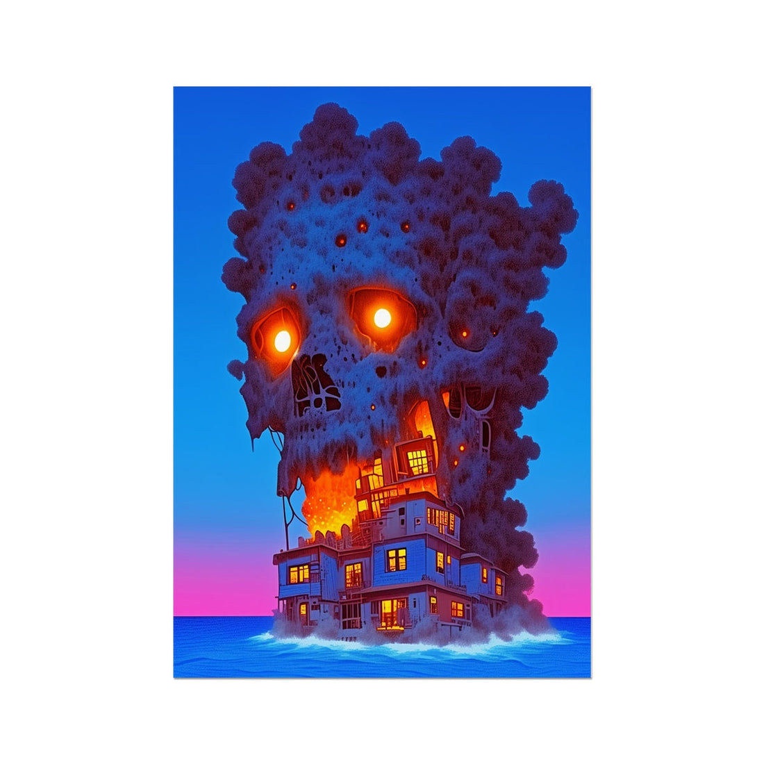 Neon aesthetic art featuring burning skull tower at sea with vibrant pink and blue neon colors against dark atmospheric background