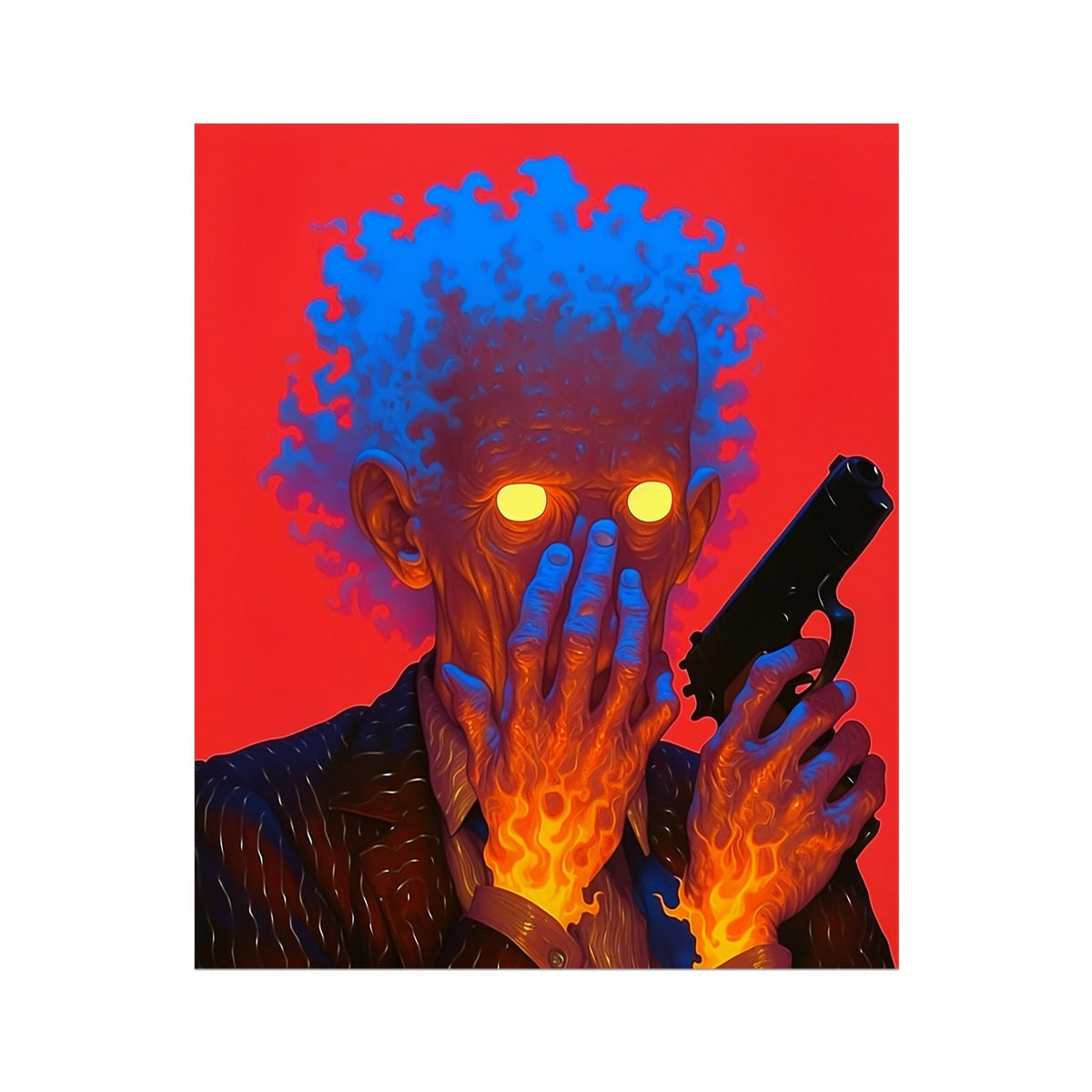 Weaponized Silence — man with fire-wrapped hands, one covering his mouth and one holding a black handgun, glowing yellow eyes against a red backdrop, cyberpunk realism 1/1 print by Soulkeeper.2099