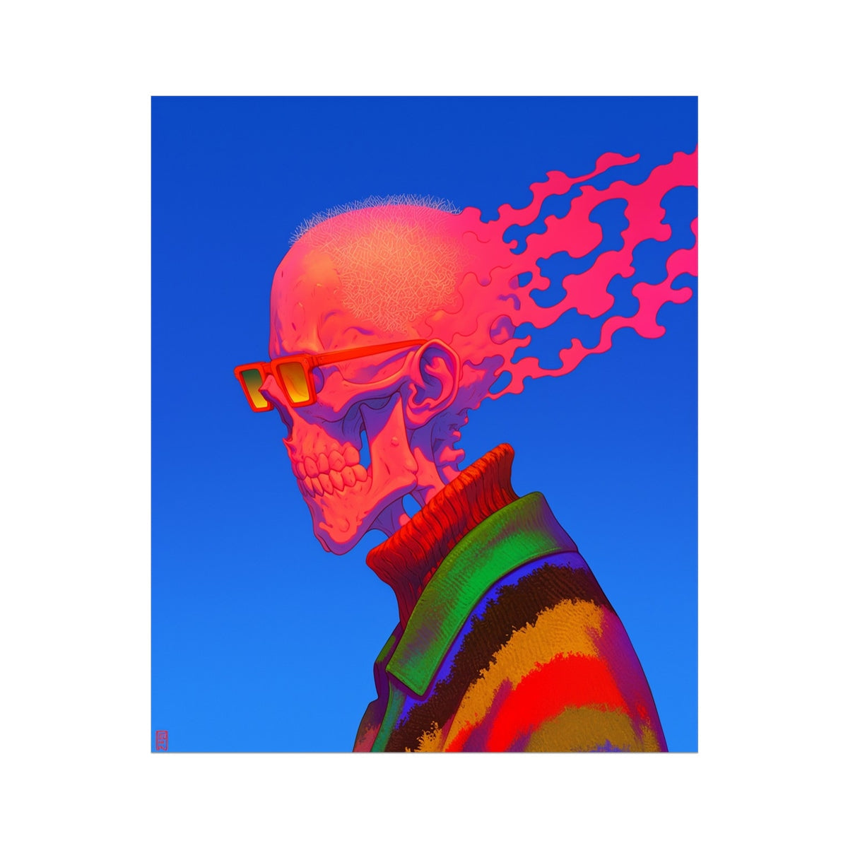 Velocity Relic — skeletal figure burning beneath pink fire-streams, 1/1 Vault Editions dark art print by Soulkeeper.2099