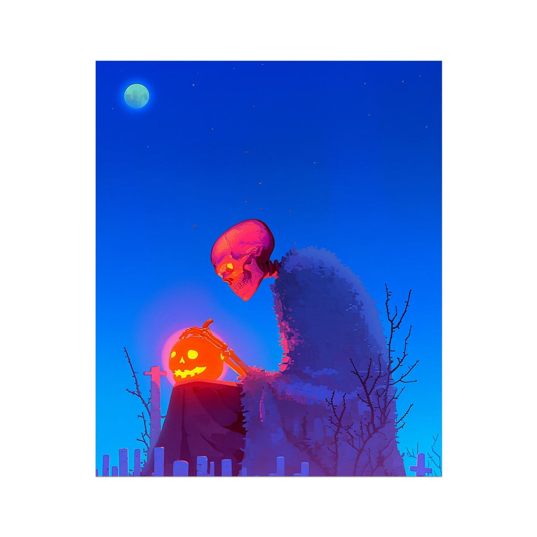 A Smile Beyond the Grave — pink skull in a shaggy blue cloak resting its bony hand on a glowing jack-o'-lantern atop a gravestone under a turquoise moon, limited edition Halloween art print by Soulkeeper.2099