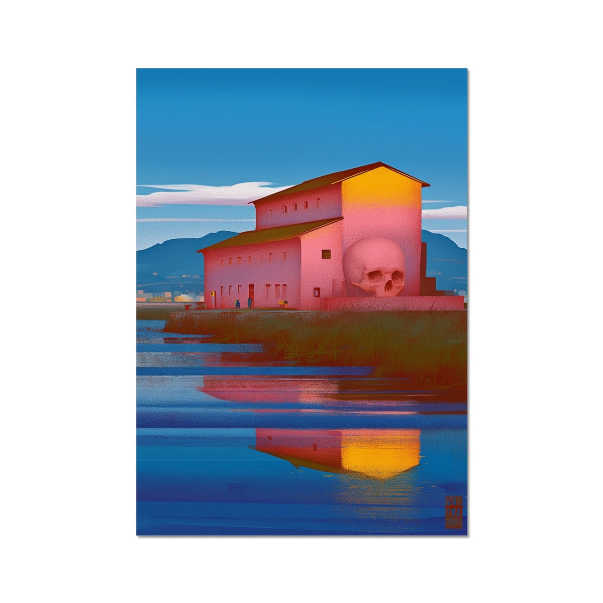 Soulkeeper Main Archive collection — Pink coastal building with a giant embedded white skull and a glowing yellow gable, misty mountains behind, mirrored in still water at dusk; surreal dreamlike, unframed print.