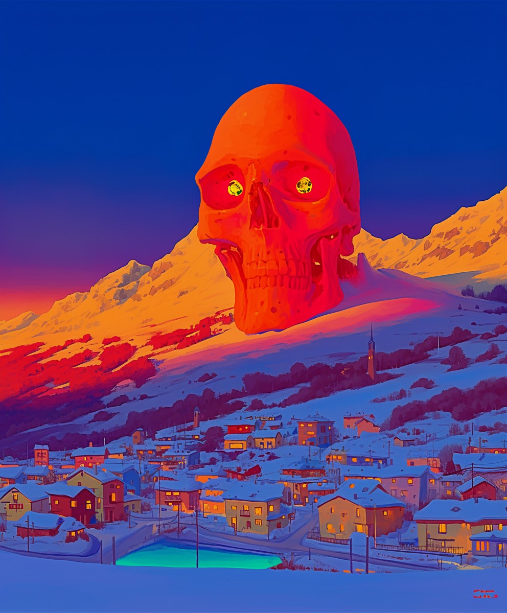 Skull Rising Over the Snow Town