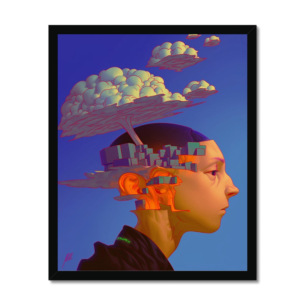 Profile portrait of a boy whose head opens to reveal a glowing orange miniature city inside, a plume of clouds rising above, deep blue gradient sky; surreal dreamlike, black frame.