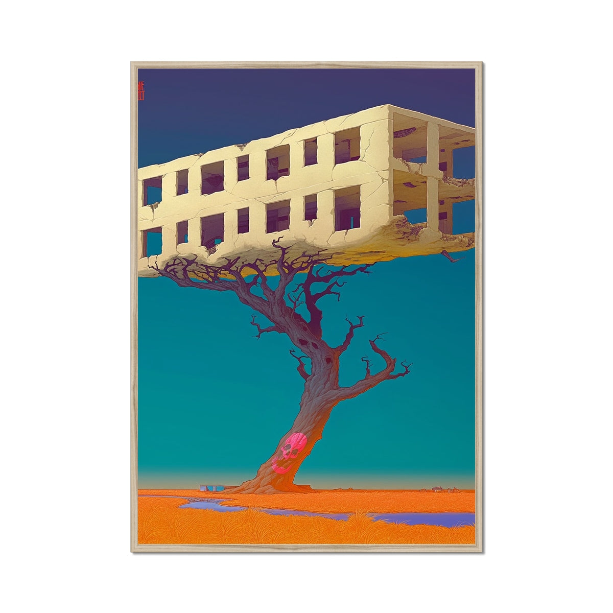 Baum, der Ruinen trägt — Gerahmter Druck – Neon-Cyberpunk-Kunst – Rahmenmockup by Soulkeeper2099