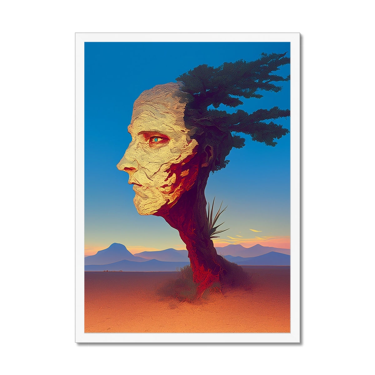 A profile rises from the cracked earth—part tree, part human, part ancient effigy carved by wind and sand – white framed art print by Soulkeeper2099.