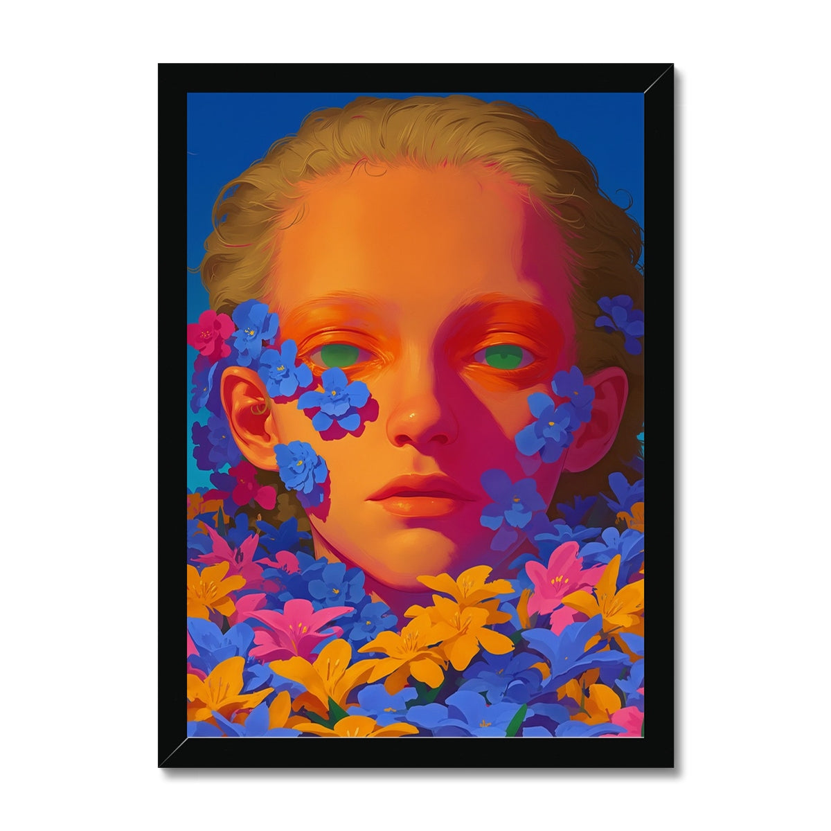 Face Beneath the Flower Tide – Surreal Portrait Print – Framed Print by Soulkeeper2099