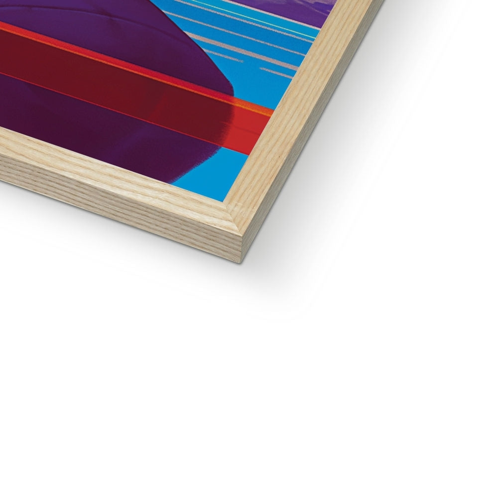 Corner detail of the natural wood frame and white mat on “The Blue-Capped Drifter” – Soulkeeper2099 framed art print.