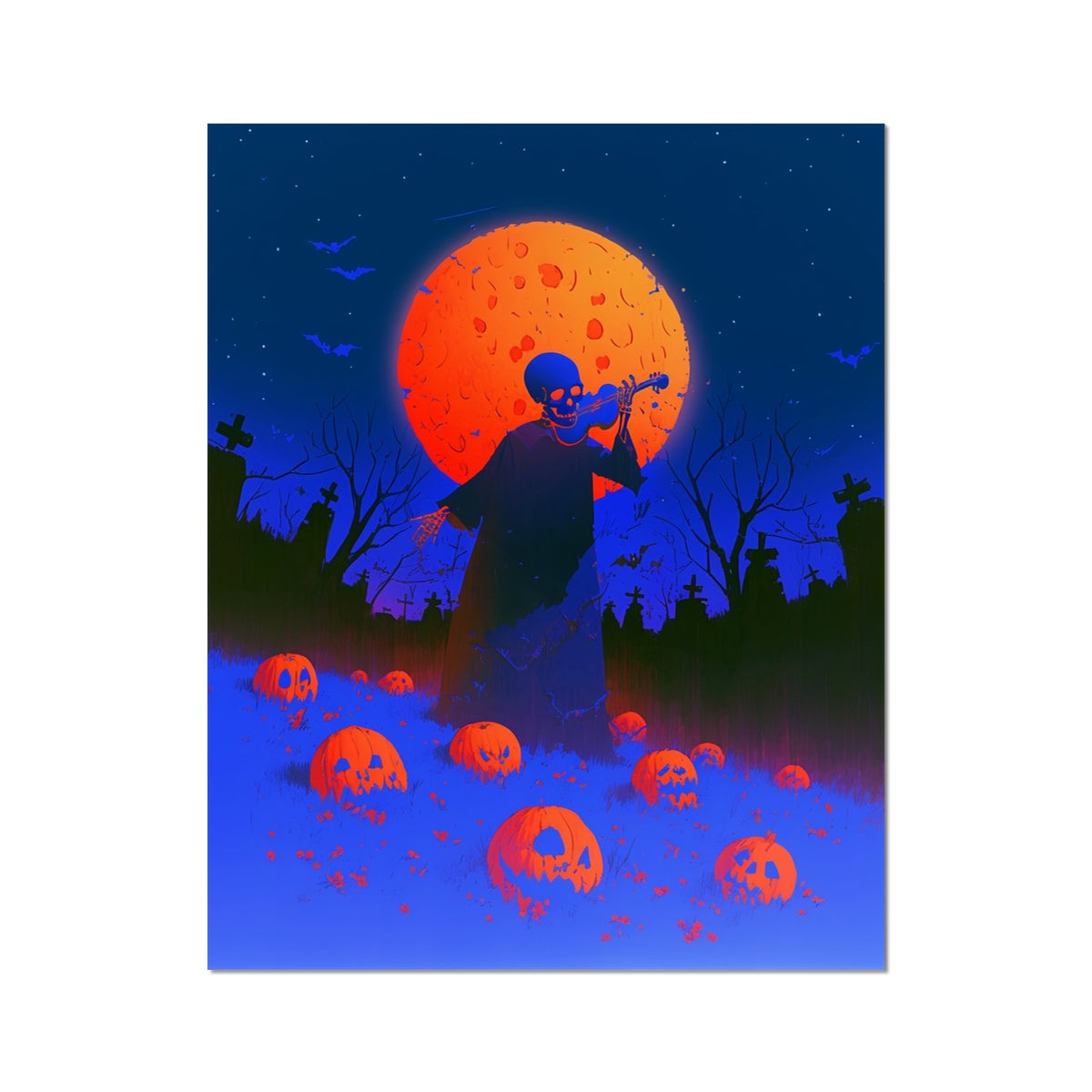 The Midnight Pumpkin Choir — skeletal violinist before an orange moon with rising jack-o'-lanterns, part of The 2026 Halloween Suite by Soulkeeper.2099
