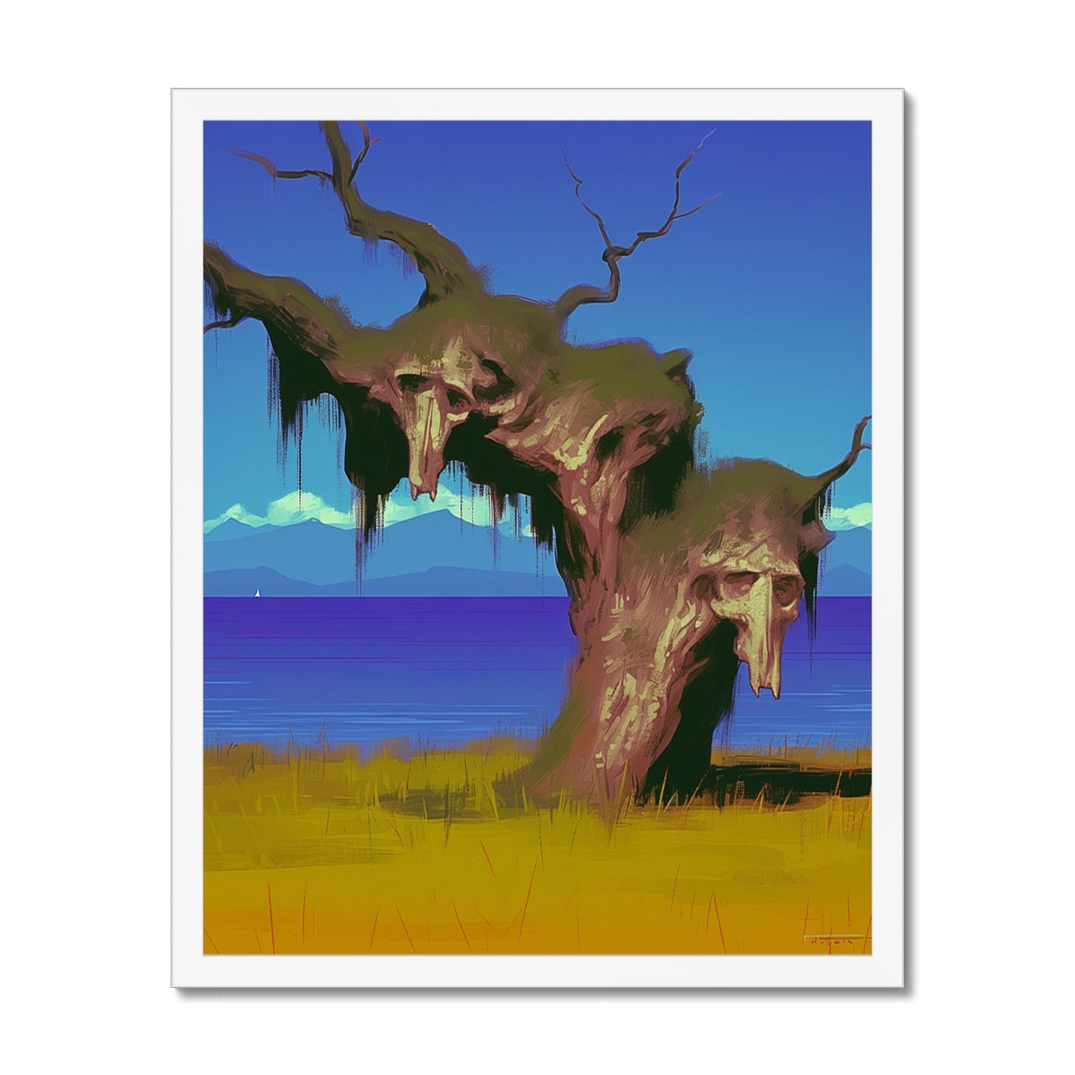 Gnarled tree with two skull-faced knots draped in mossy tendrils – white framed art print by Soulkeeper2099.