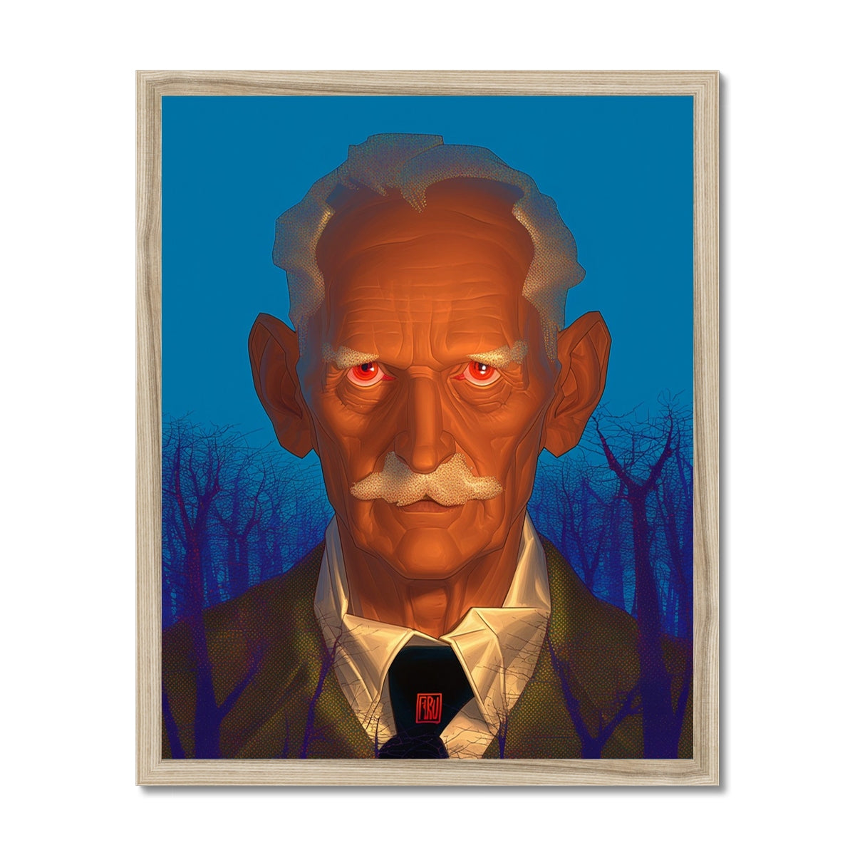 Weathered elderly man with glowing red eyes and a bushy white mustache against a deep blue night sky – natural wood framed art print by Soulkeeper2099.