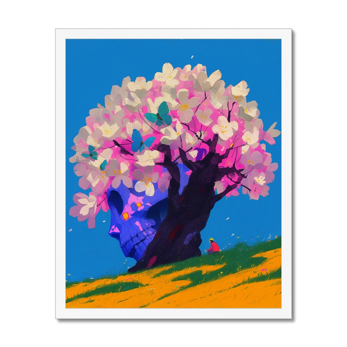 Giant blue skull-shaped tree trunk crowned with pink-and-white blossoms and teal butterflies – white framed art print by Soulkeeper2099.
